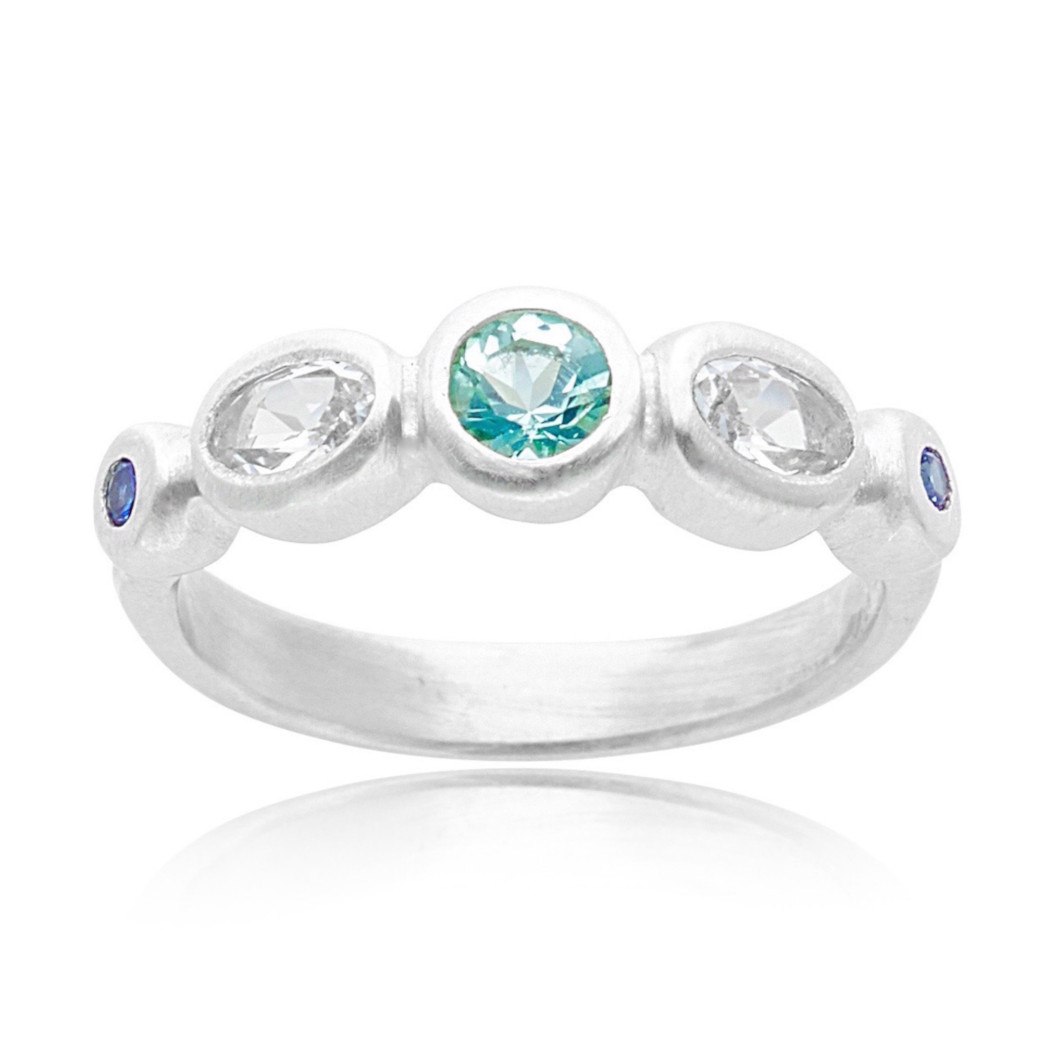 Cleo Ring with Seafoam Green Tourmaline and White and Blue Sapphire